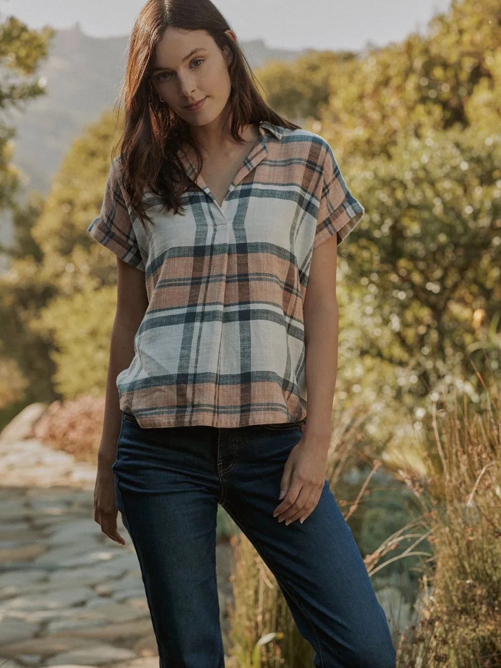 UpWest Peach and Blue Plaid Short-Sleeve V-Neck Top